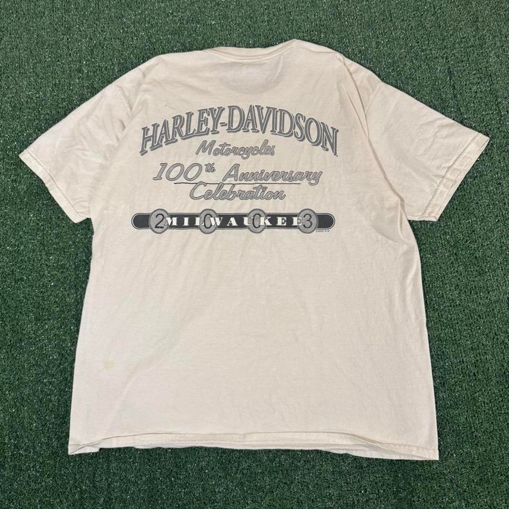 Vintage 2003 Harley Davidson 100th Anniversary Milwaukee Pocket Tee Cream XL